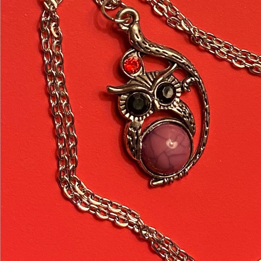 Owl Necklace Silver tone  with Pink and Black Details